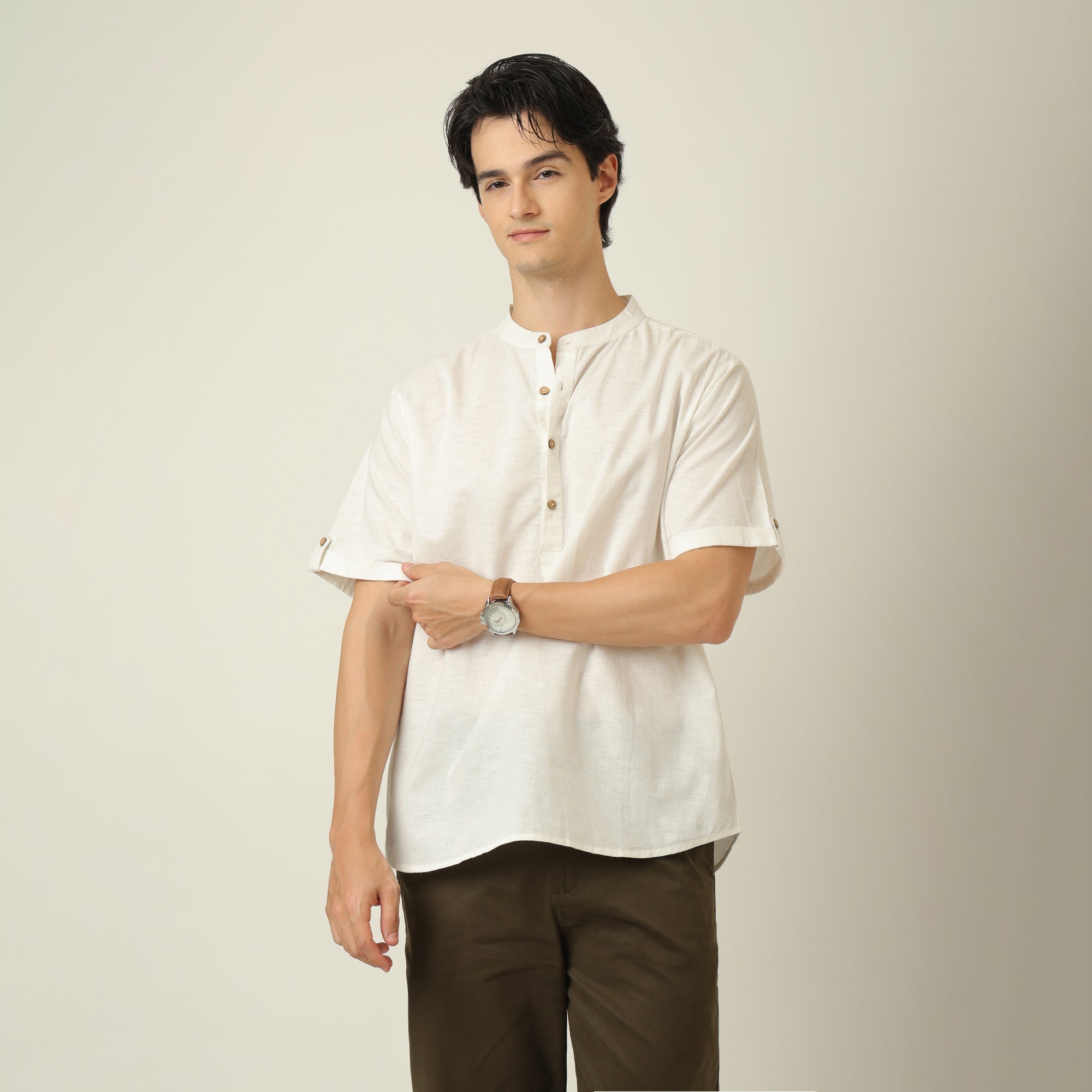 Drifter Shirt - Relaxed Fit - Mandarin Collar - Roll-Up Sleeves With Tabs - Cotton Linen - Ecru