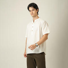 Drifter Shirt - Relaxed Fit - Mandarin Collar - Roll-Up Sleeves With Tabs - Cotton Linen - Ecru