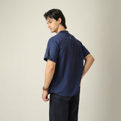Drifter Shirt - Relaxed Fit - Mandarin Collar - Roll-Up Sleeves With Tabs - Cotton Linen - Navy Blue