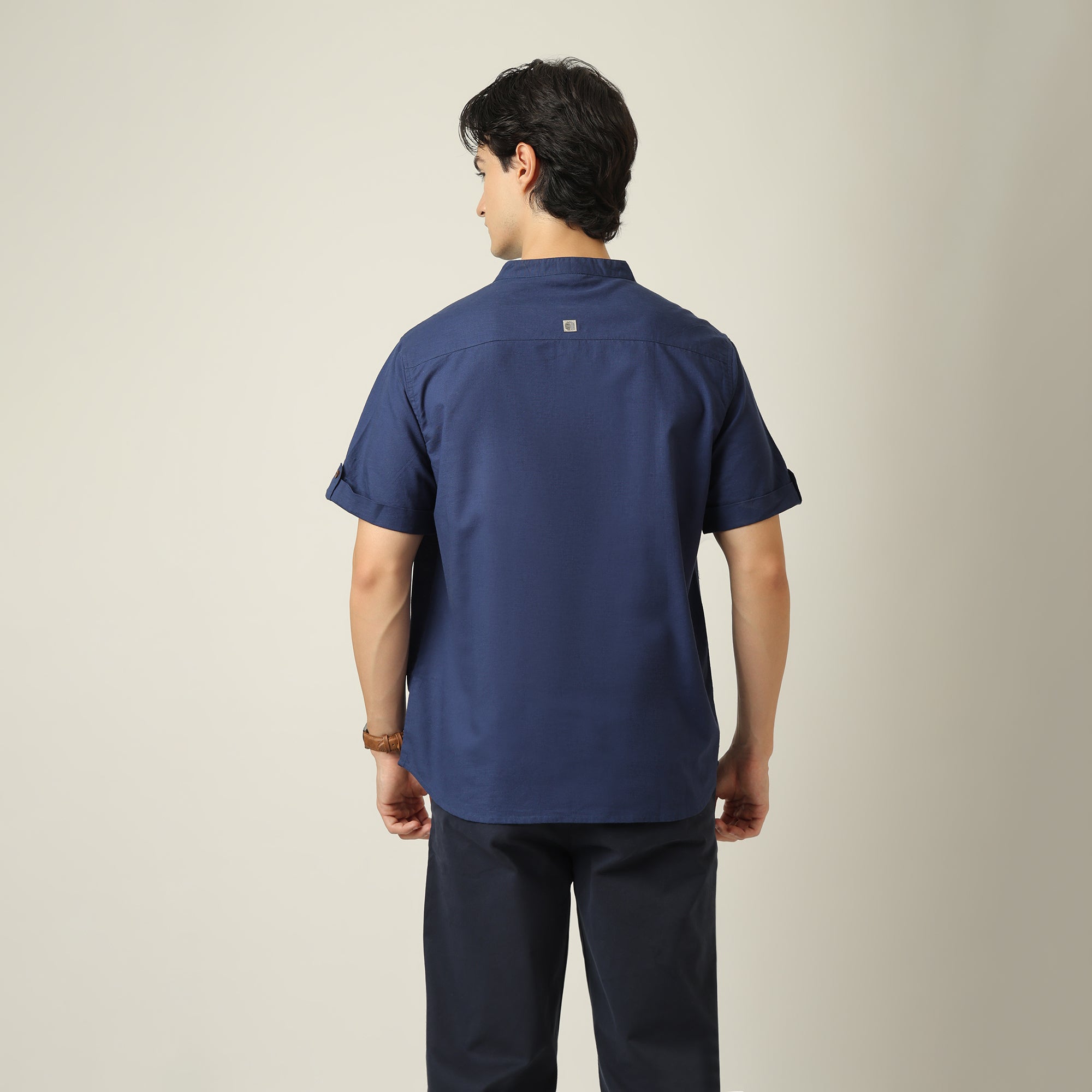 Drifter Shirt - Relaxed Fit - Mandarin Collar - Roll-Up Sleeves With Tabs - Cotton Linen - Navy Blue