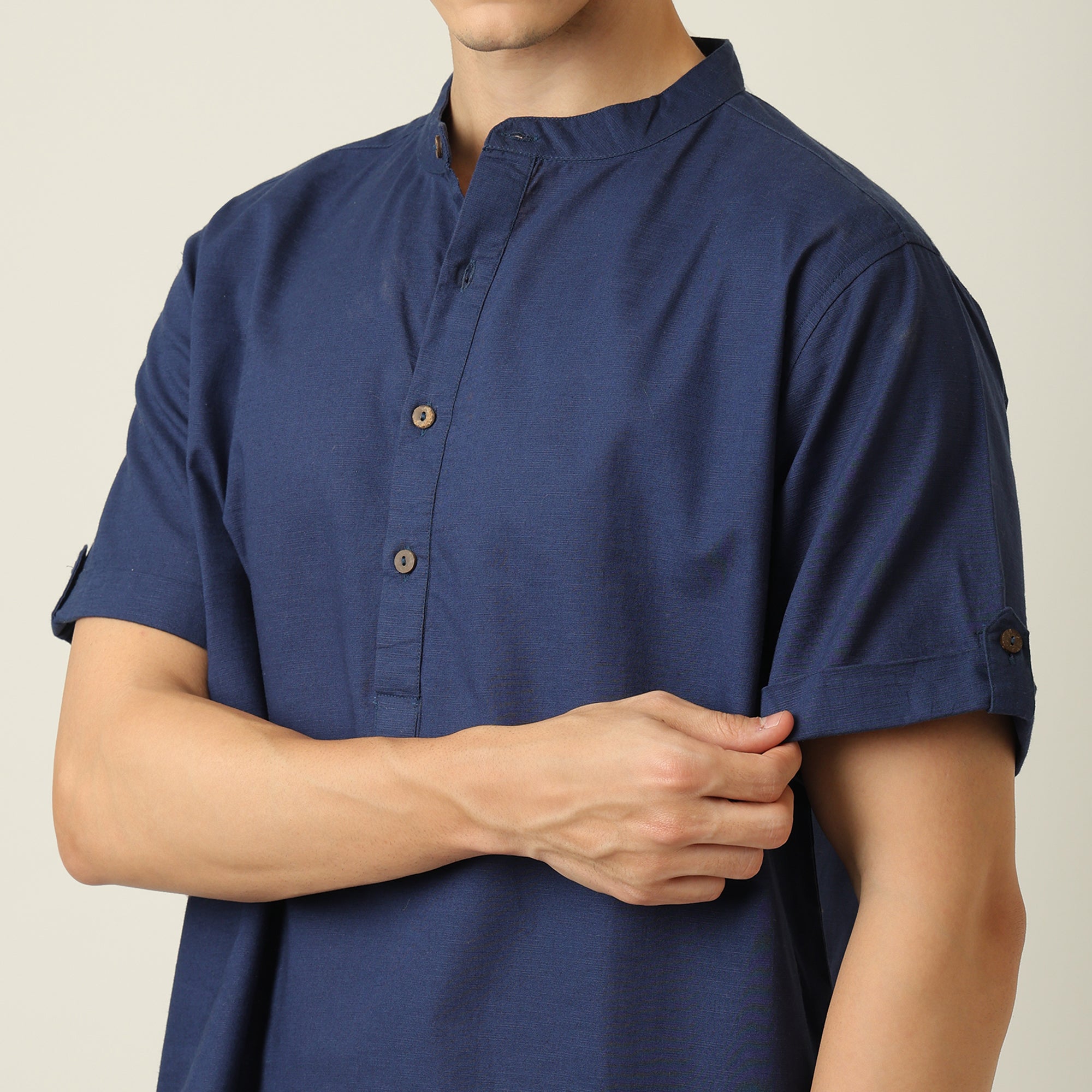 Drifter Shirt - Relaxed Fit - Mandarin Collar - Roll-Up Sleeves With Tabs - Cotton Linen - Navy Blue