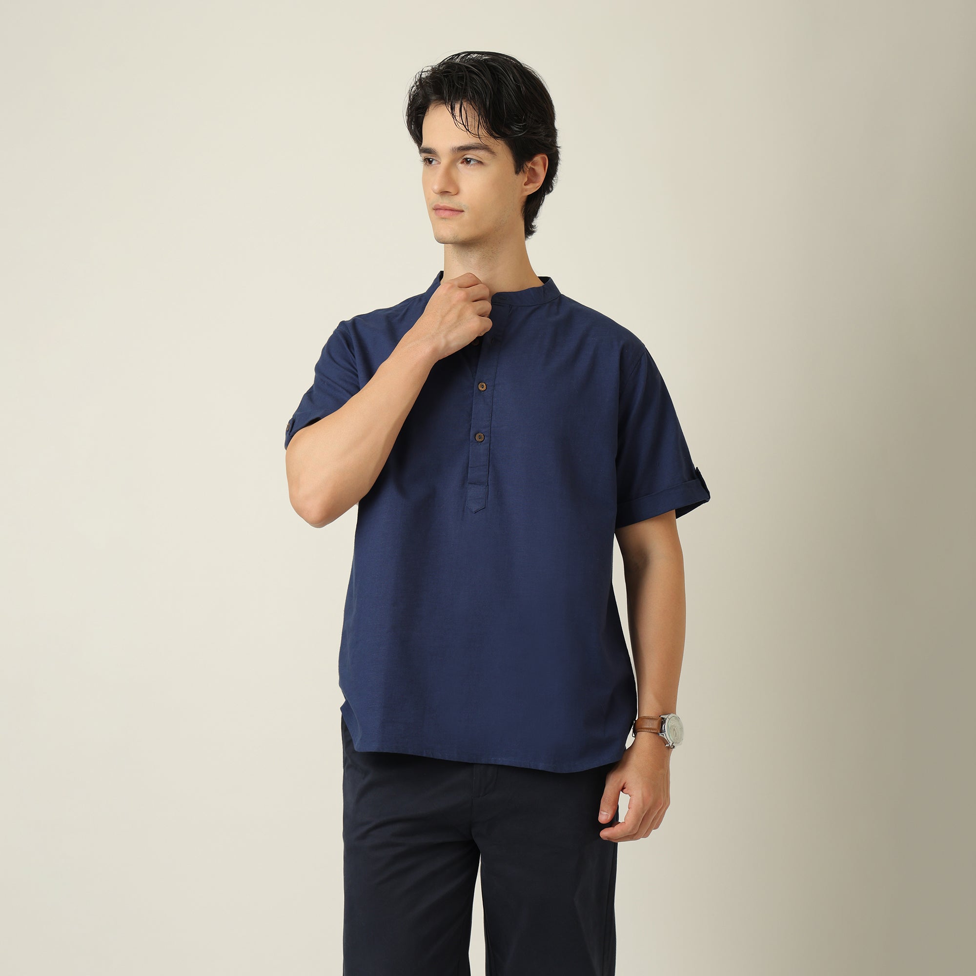 Drifter Shirt - Relaxed Fit - Mandarin Collar - Roll-Up Sleeves With Tabs - Cotton Linen - Navy Blue