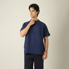 Drifter Shirt - Relaxed Fit - Mandarin Collar - Roll-Up Sleeves With Tabs - Cotton Linen - Navy Blue