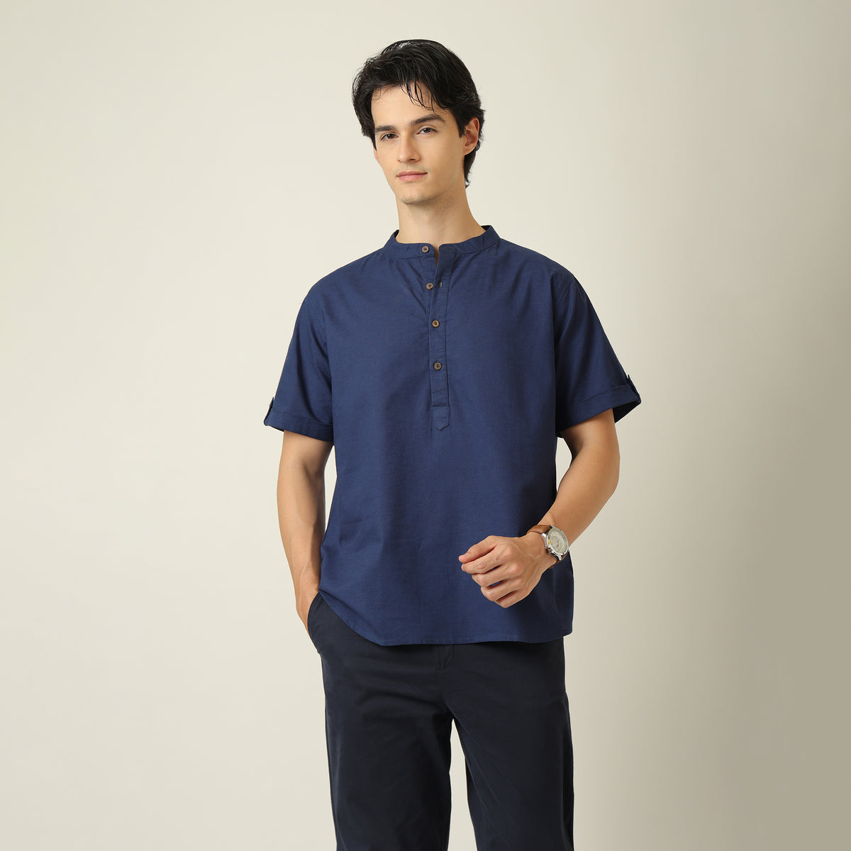 Drifter Shirt - Relaxed Fit - Mandarin Collar - Roll-Up Sleeves With Tabs - Cotton Linen - Navy Blue