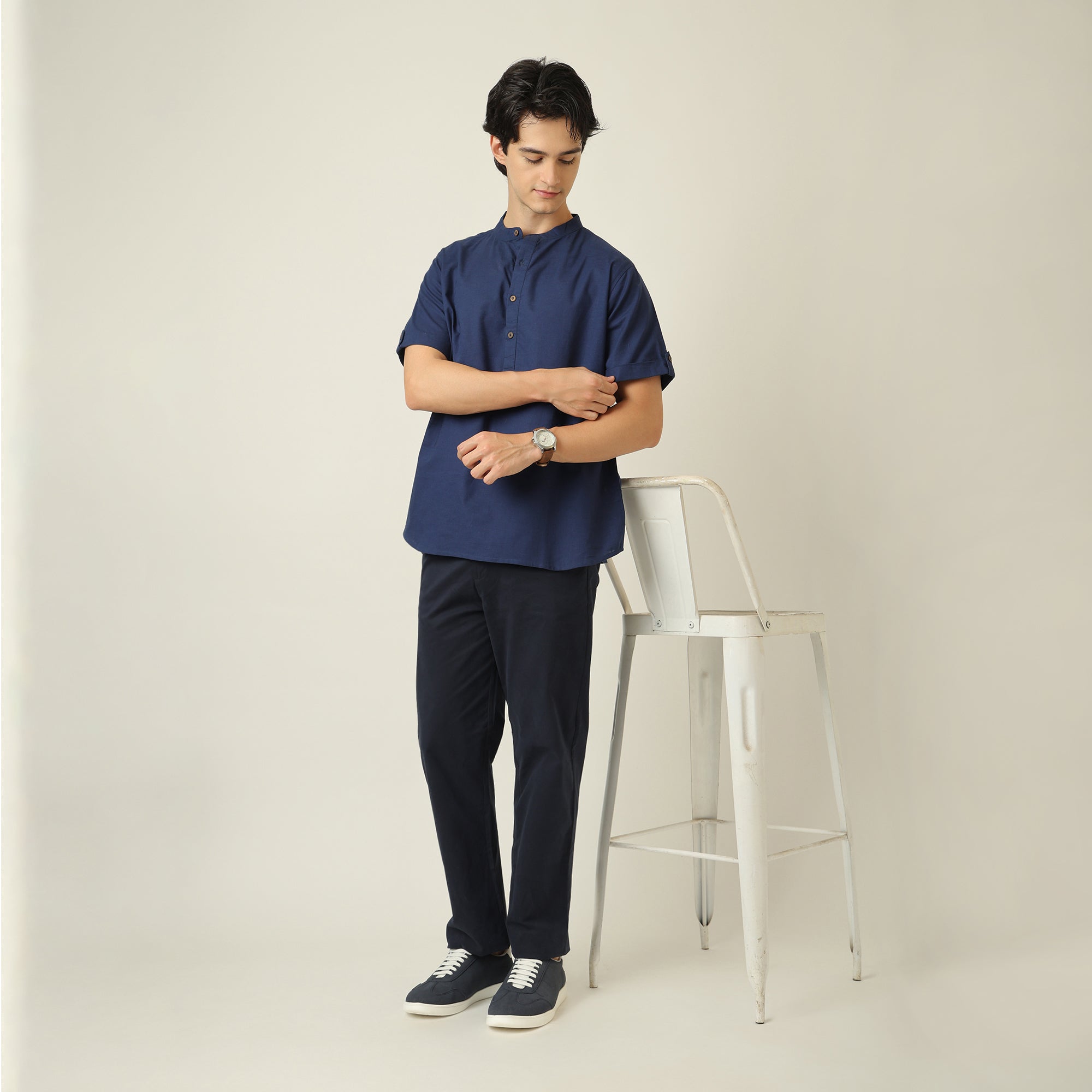 Drifter Shirt - Relaxed Fit - Mandarin Collar - Roll-Up Sleeves With Tabs - Cotton Linen - Navy Blue