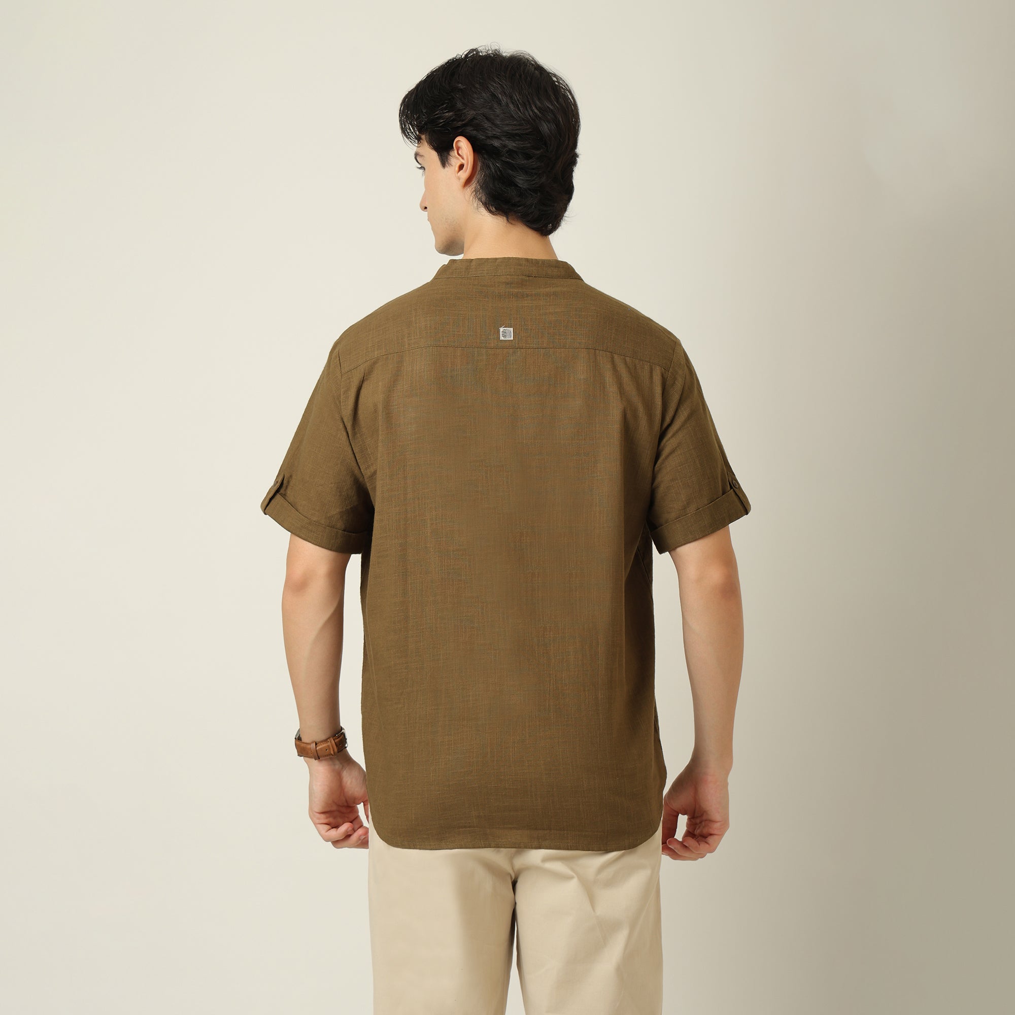 Drifter Shirt - Relaxed Fit - Mandarin Collar - Roll-Up Sleeves With Tabs - Cotton Linen - Olive Green