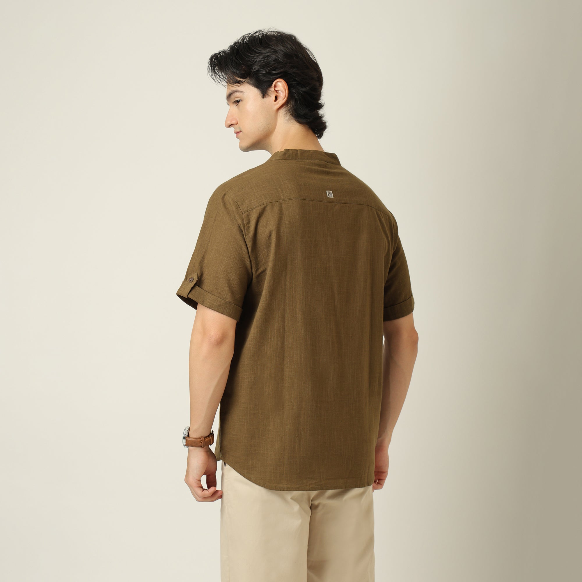 Drifter Shirt - Relaxed Fit - Mandarin Collar - Roll-Up Sleeves With Tabs - Cotton Linen - Olive Green
