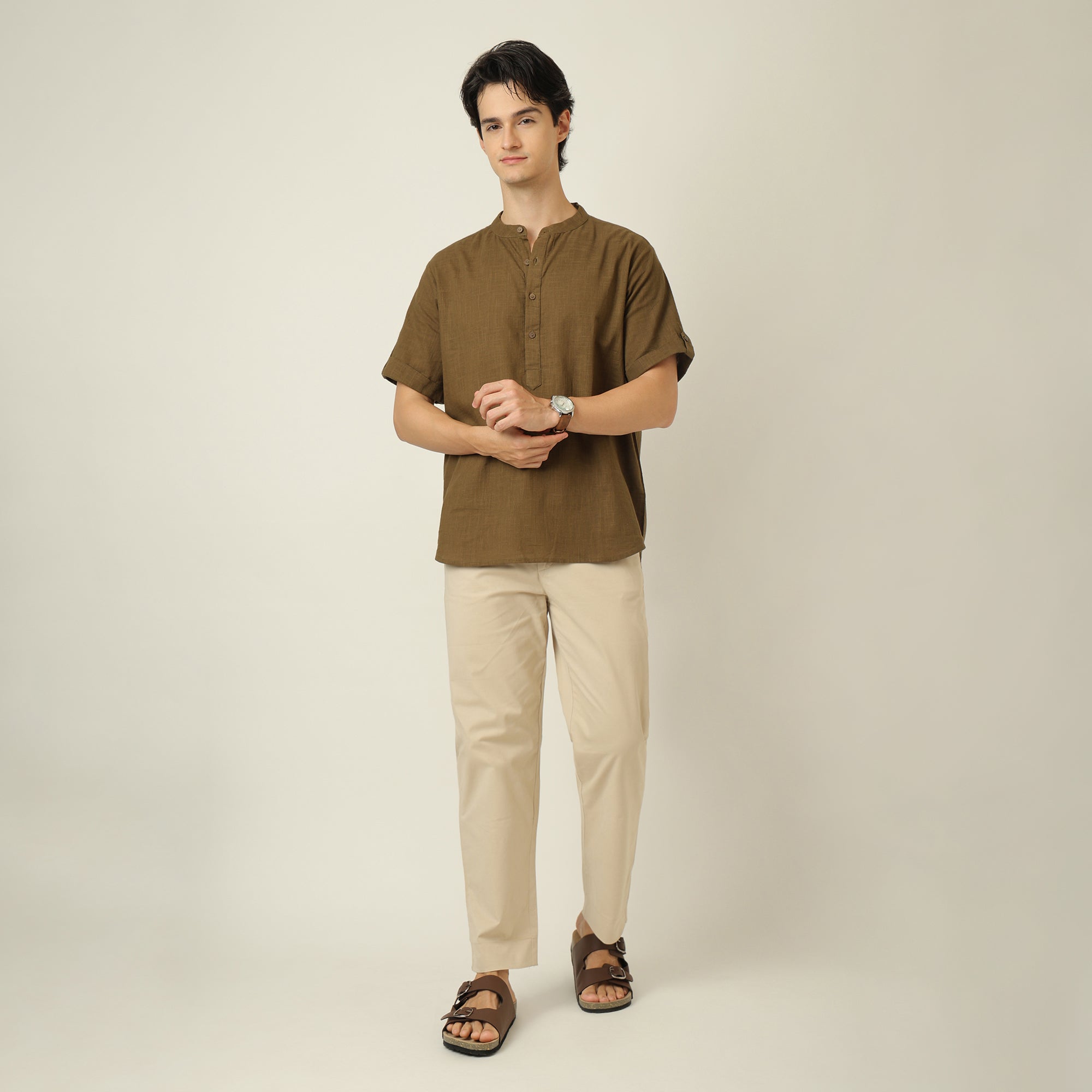 Drifter Set of 2 - Relaxed Fit Roll-Up Sleeve Shirt & Relaxed Fit Chinos- Olive Green & Beige