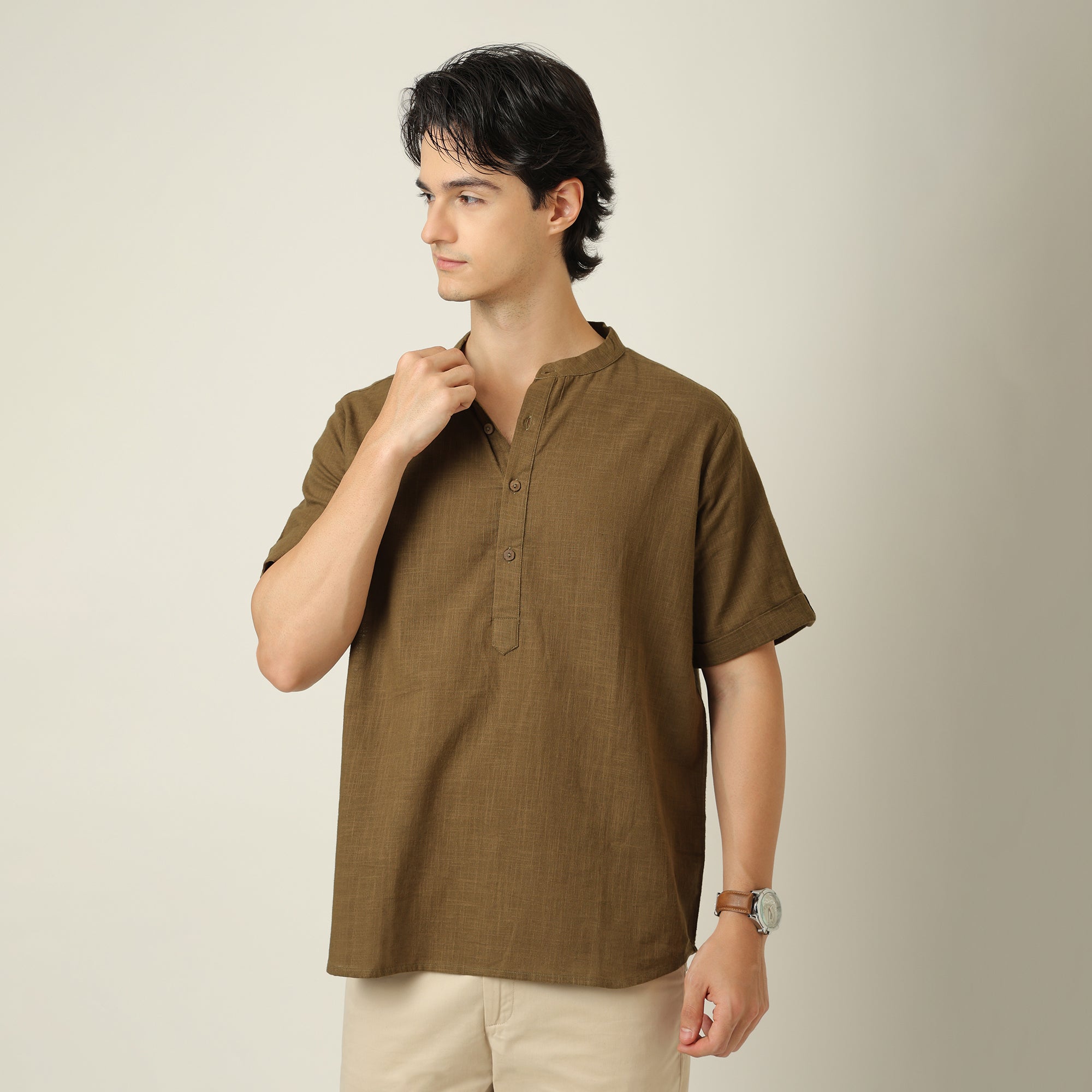 Drifter Shirt - Relaxed Fit - Mandarin Collar - Roll-Up Sleeves With Tabs - Cotton Linen - Olive Green