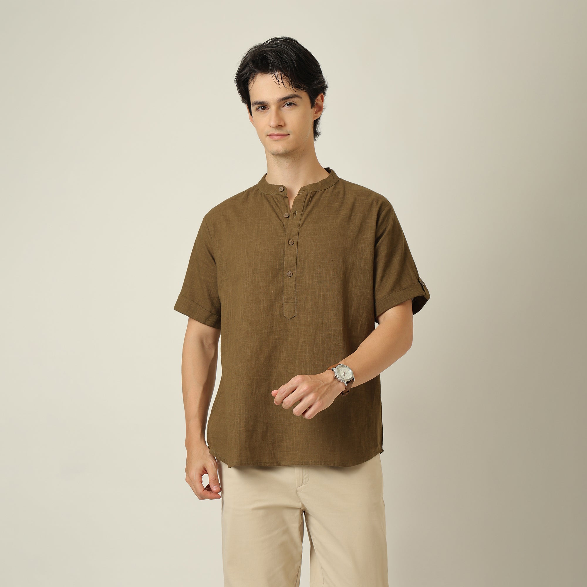 Drifter Shirt - Relaxed Fit - Mandarin Collar - Roll-Up Sleeves With Tabs - Cotton Linen - Olive Green
