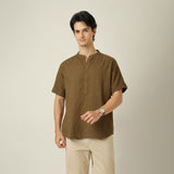 Drifter Shirt - Relaxed Fit - Mandarin Collar - Roll-Up Sleeves With Tabs - Cotton Linen - Olive Green
