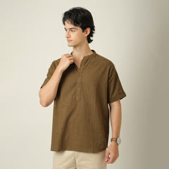 Drifter Shirt - Relaxed Fit - Mandarin Collar - Roll-Up Sleeves With Tabs - Cotton Linen - Olive Green