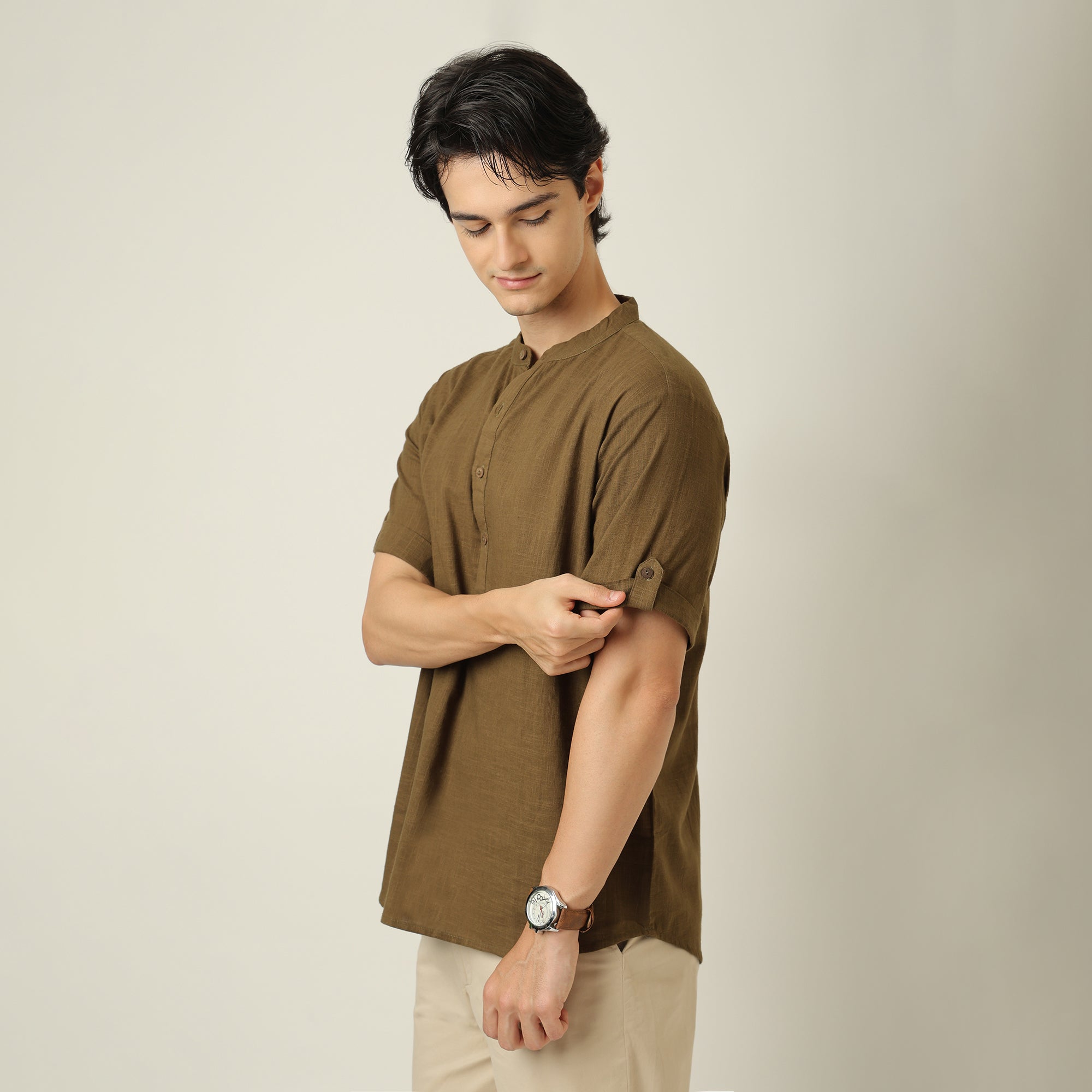 Drifter Shirt - Relaxed Fit - Mandarin Collar - Roll-Up Sleeves With Tabs - Cotton Linen - Olive Green