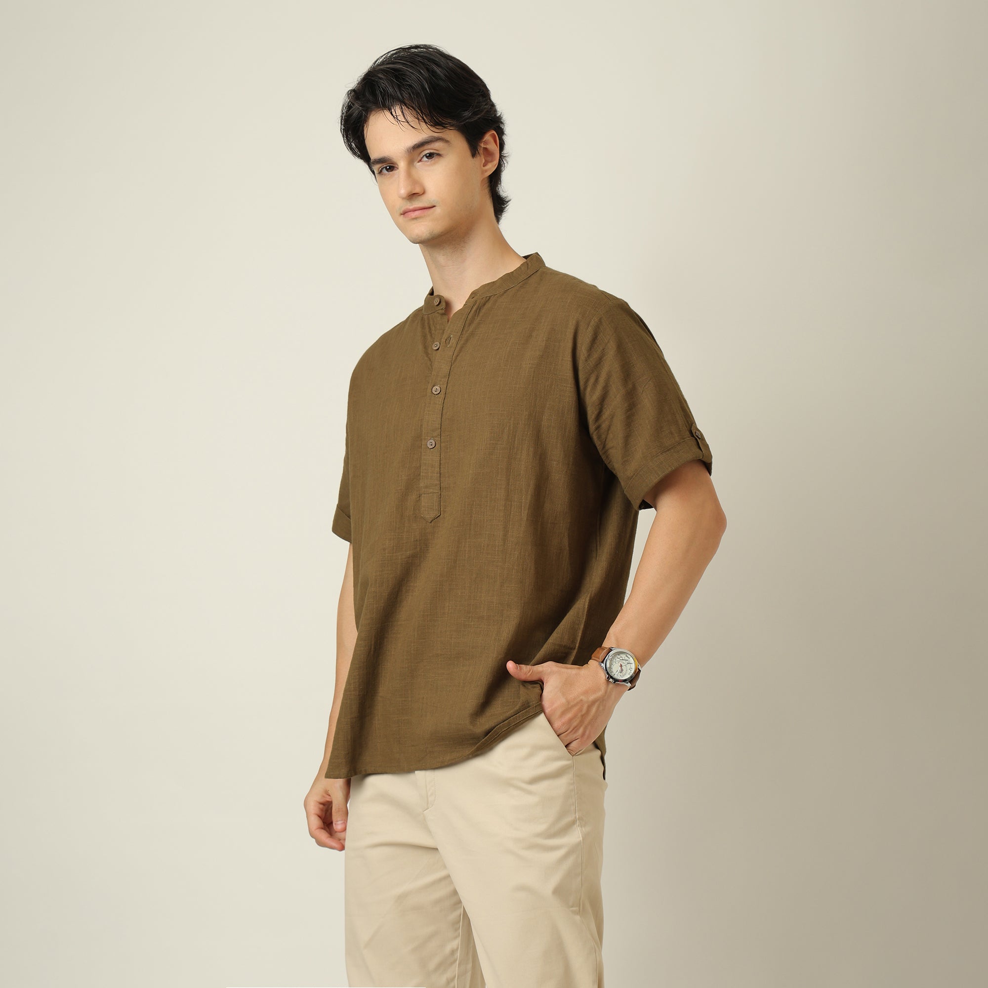 Drifter Shirt - Relaxed Fit - Mandarin Collar - Roll-Up Sleeves With Tabs - Cotton Linen - Olive Green