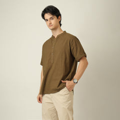 Drifter Shirt - Relaxed Fit - Mandarin Collar - Roll-Up Sleeves With Tabs - Cotton Linen - Olive Green