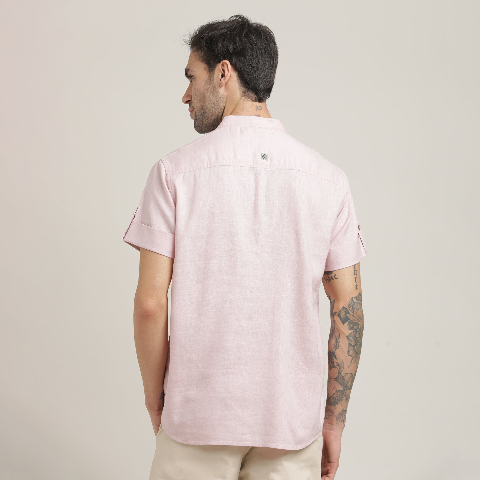 Drifter Shirt - Relaxed Fit - Mandarin Collar - Roll-Up Sleeves With Tabs - Cotton Linen – Pastel Pink