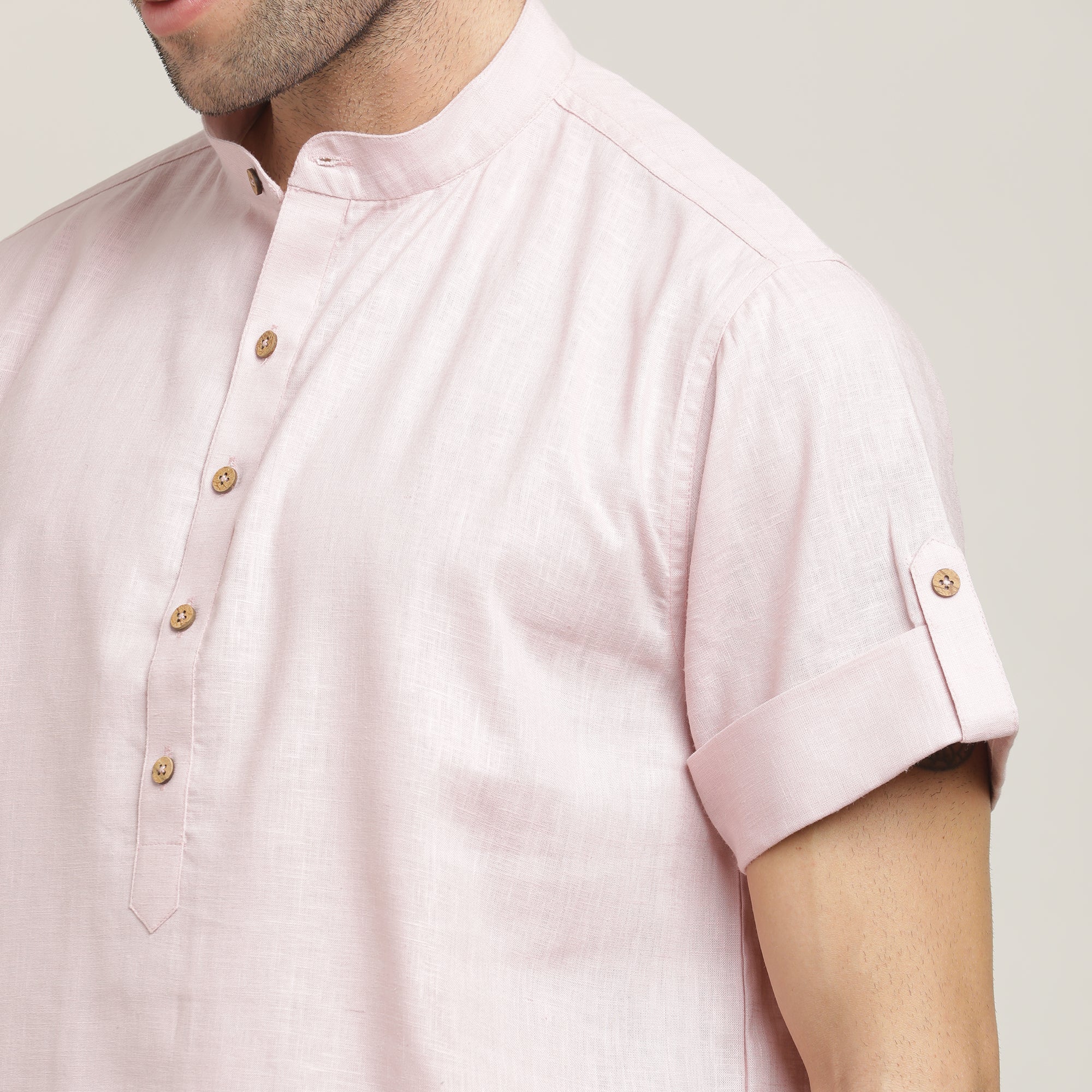 Drifter Shirt - Relaxed Fit - Mandarin Collar - Roll-Up Sleeves With Tabs - Cotton Linen – Pastel Pink