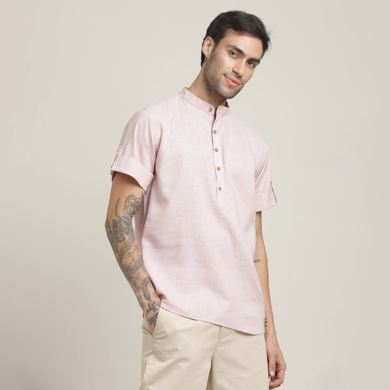 Drifter Shirt - Relaxed Fit - Mandarin Collar - Roll-Up Sleeves With Tabs - Cotton Linen – Pastel Pink
