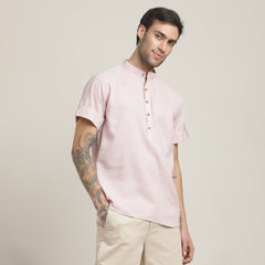 Drifter Shirt - Relaxed Fit - Mandarin Collar - Roll-Up Sleeves With Tabs - Cotton Linen – Pastel Pink