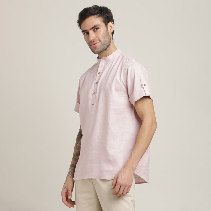 Drifter Shirt - Relaxed Fit - Mandarin Collar - Roll-Up Sleeves With Tabs - Cotton Linen – Pastel Pink
