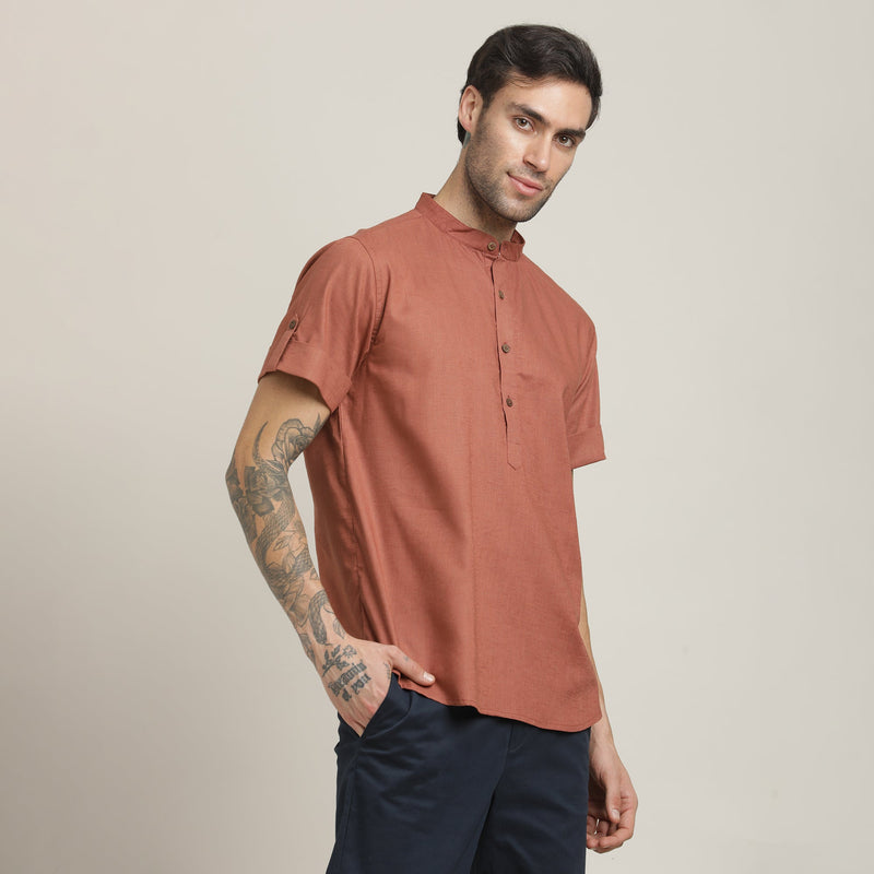 Drifter Shirt - Relaxed Fit - Mandarin Collar - Roll-Up Sleeves With Tabs - Cotton Linen – Terracotta Brown