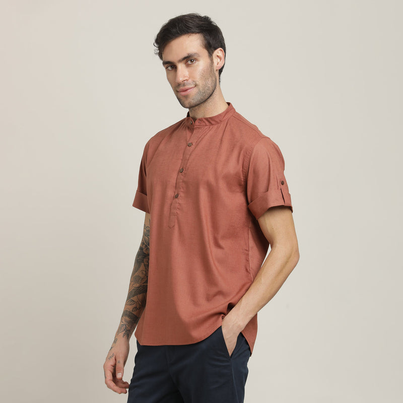 Drifter Shirt - Relaxed Fit - Mandarin Collar - Roll-Up Sleeves With Tabs - Cotton Linen – Terracotta Brown