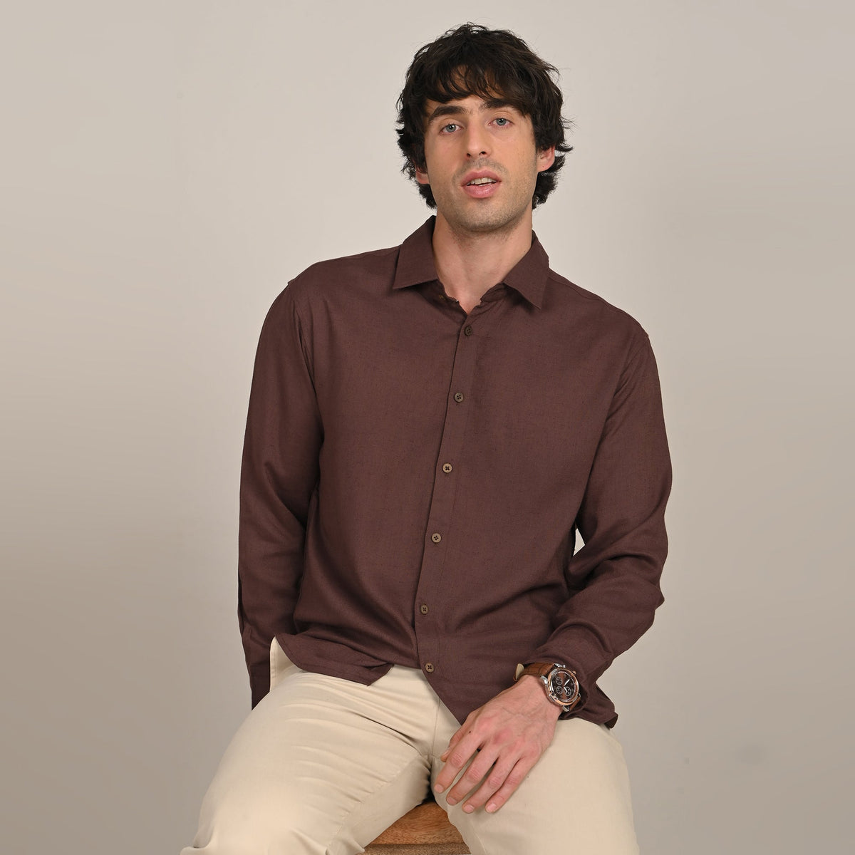 Bayside Set of 2  Relaxed Fit Linen Blend Shirt & Relaxed Fit Cotton Chinos  Coffee Brown & Beige