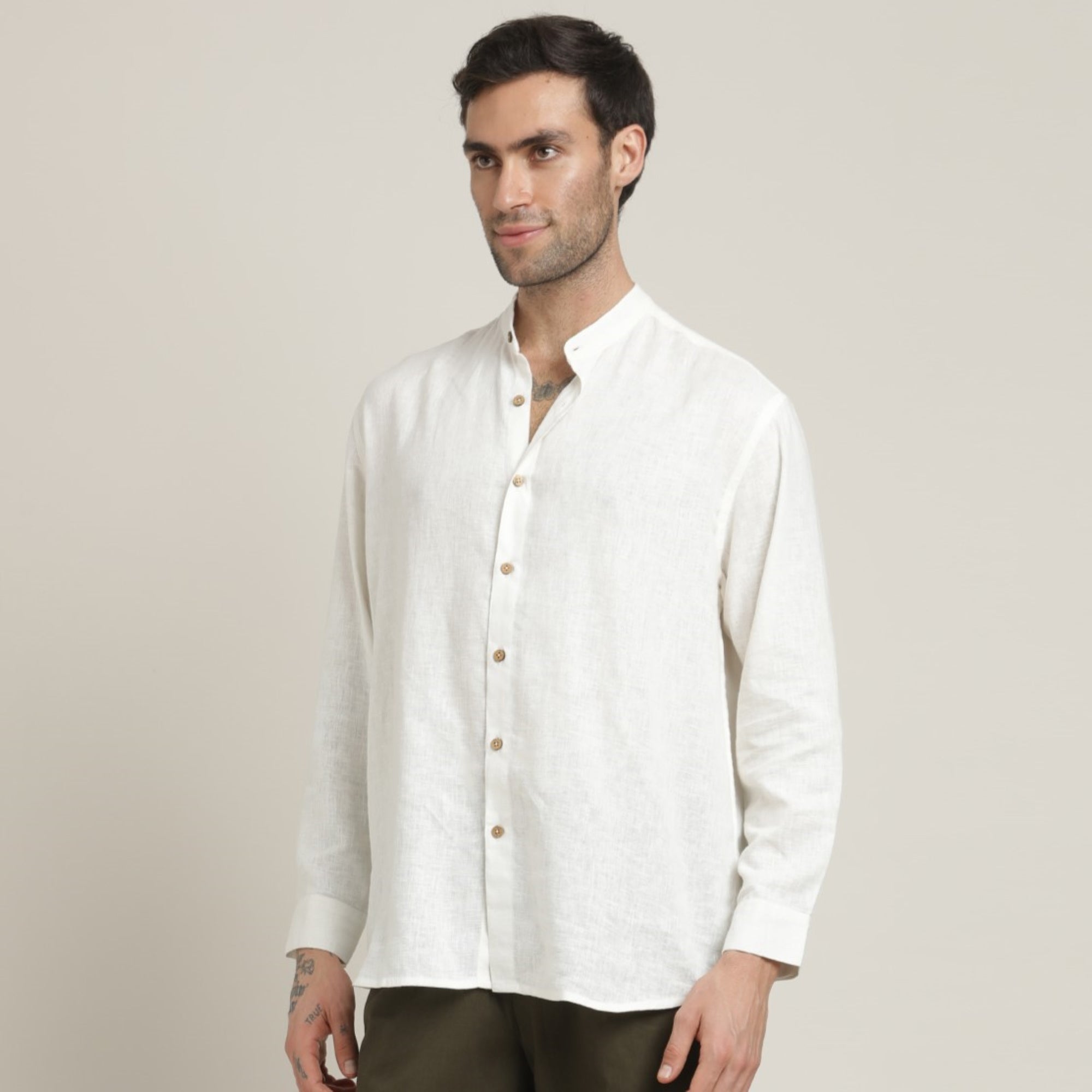 Field Shirt - Relaxed Fit - Mandarin Collar - Linen Blend – Ecru