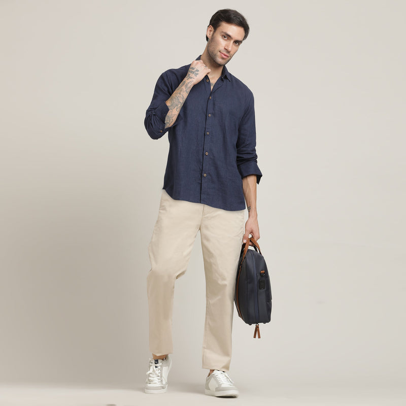 Bayside Set of 2 - Relaxed Fit Linen Blend Shirt & Relaxed Fit Cotton Chinos – Navy Blue & Beige