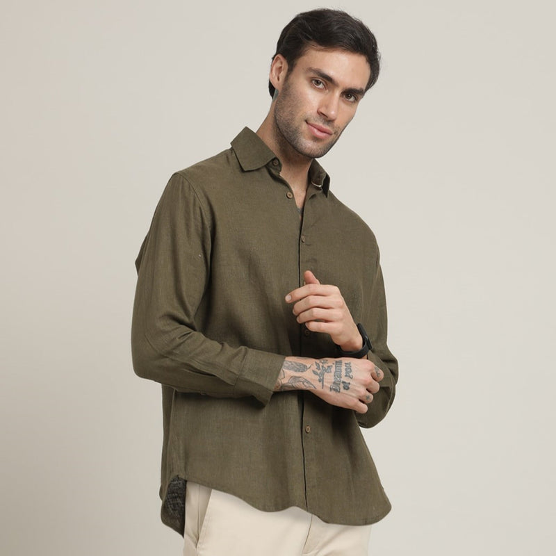 Bayside Set of 2 - Relaxed Fit Linen Blend Shirt & Relaxed Fit Cotton Chinos – Olive Green & Beige