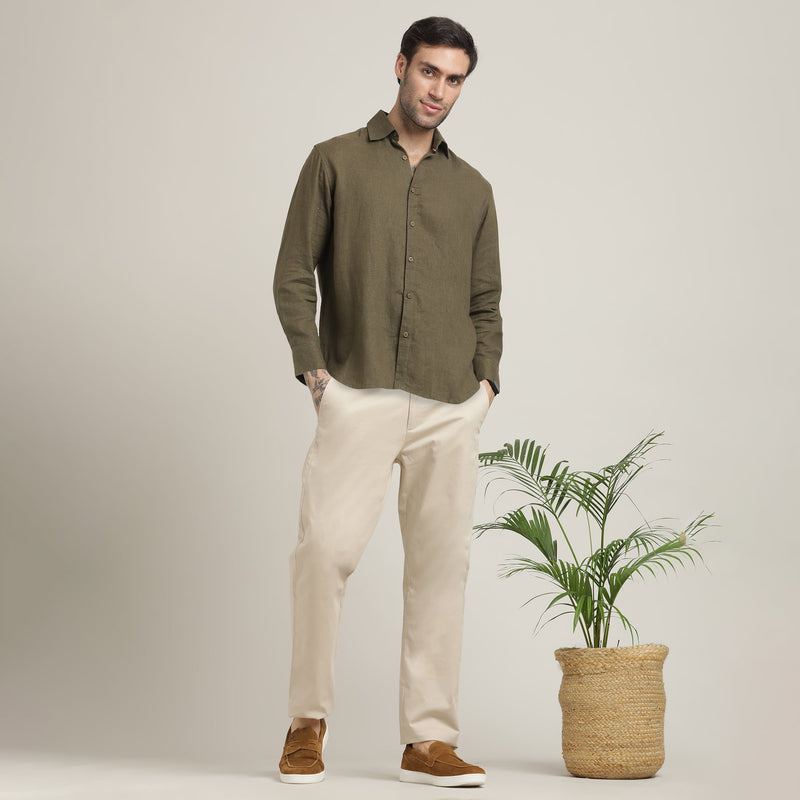 Bayside Set of 2 - Relaxed Fit Linen Blend Shirt & Relaxed Fit Cotton Chinos – Olive Green & Beige