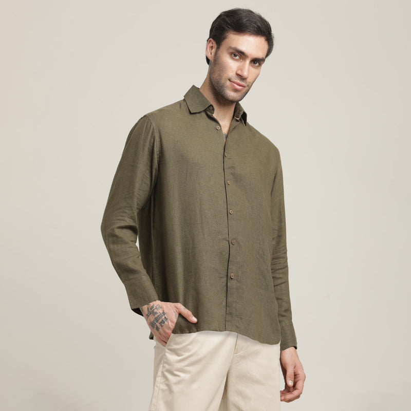 Bayside Shirt - Relaxed Fit - Linen Blend - Olive Green