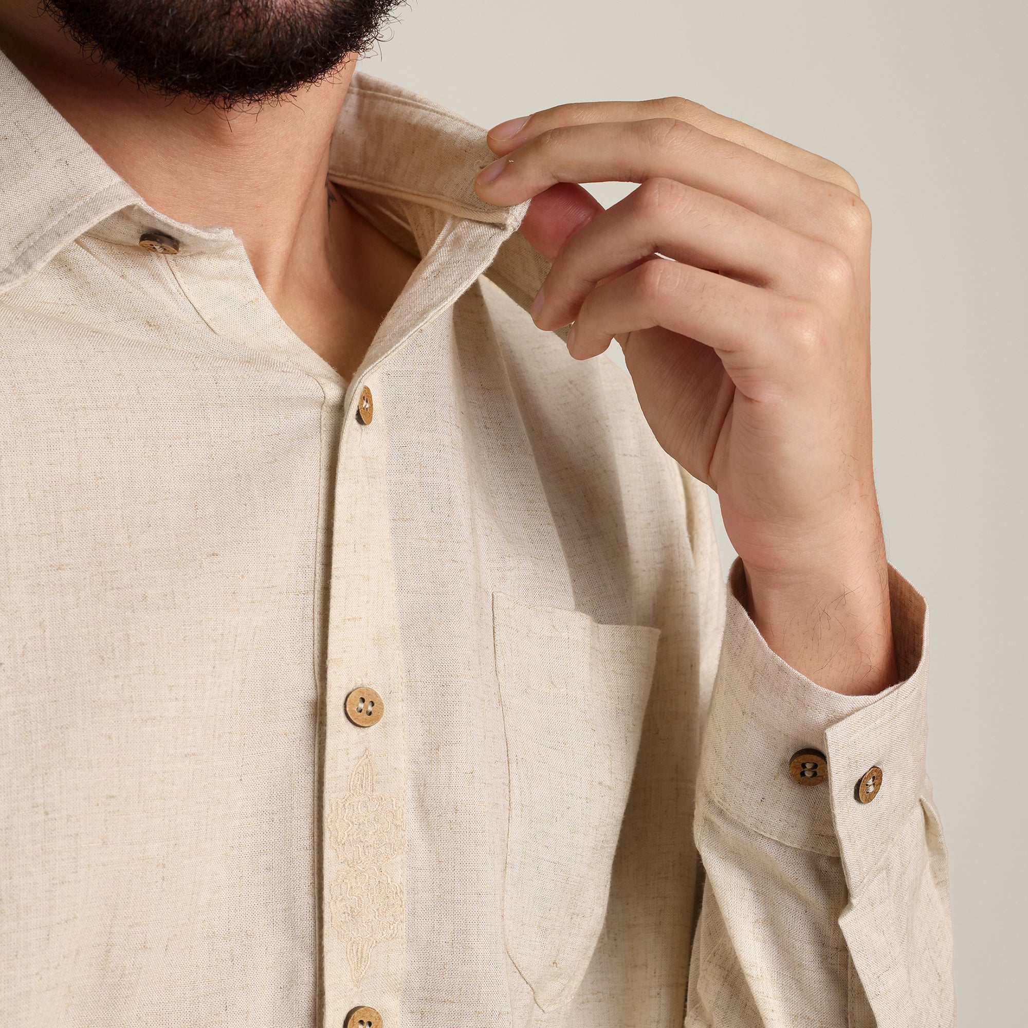 Bloome' Limited Edition Button Down Shirt - Regular Fit - Soft Linen - Beige With Tonal Embroidery