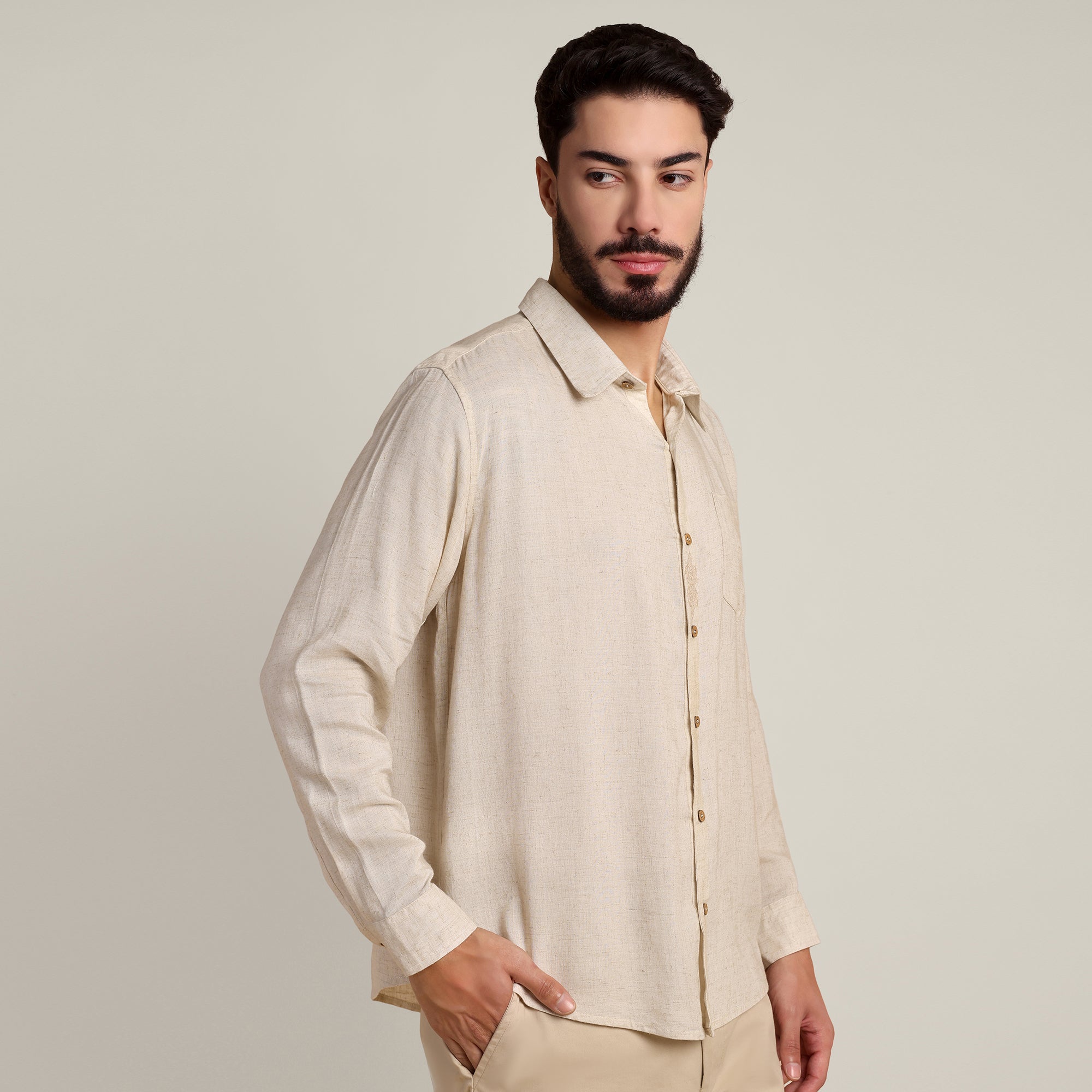 Bloome' Limited Edition Button Down Shirt - Regular Fit - Soft Linen - Beige With Tonal Embroidery