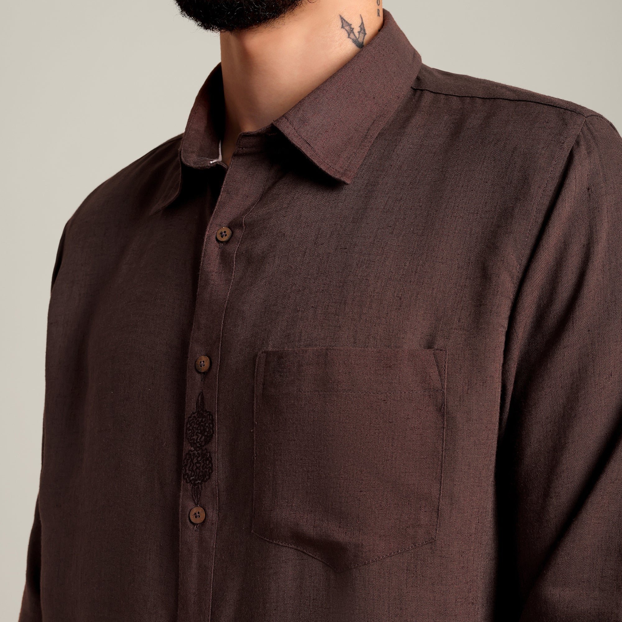 Bloome' Limited Edition Button Down Shirt - Regular Fit - Soft Linen - Coffee Brown With Tonal Embroidery