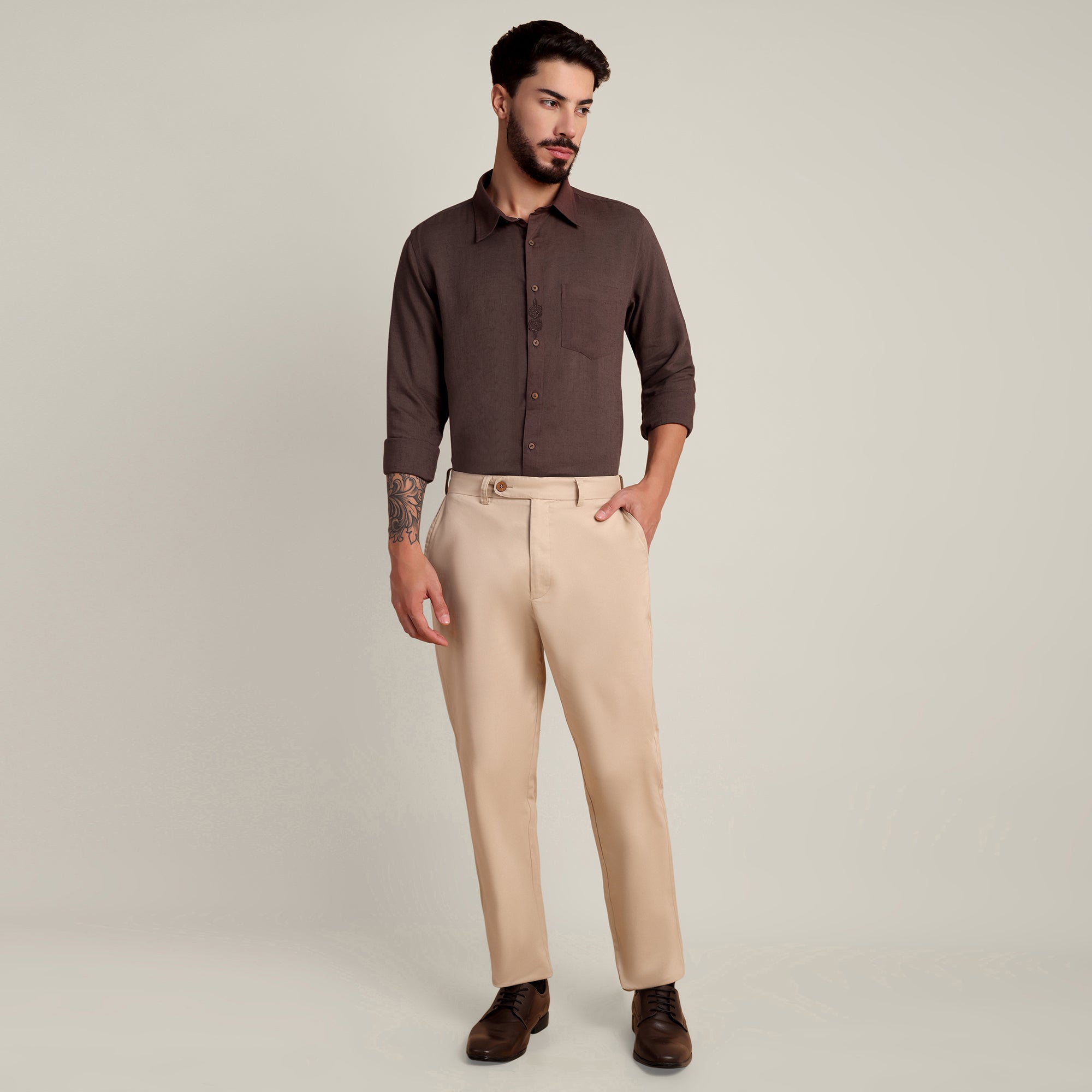 Bloome' Limited Edition Button Down Shirt - Regular Fit - Soft Linen - Coffee Brown With Tonal Embroidery