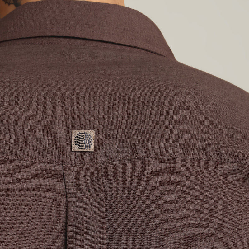 Bloome' Limited Edition Button Down Shirt - Regular Fit - Soft Linen - Coffee Brown With Tonal Embroidery