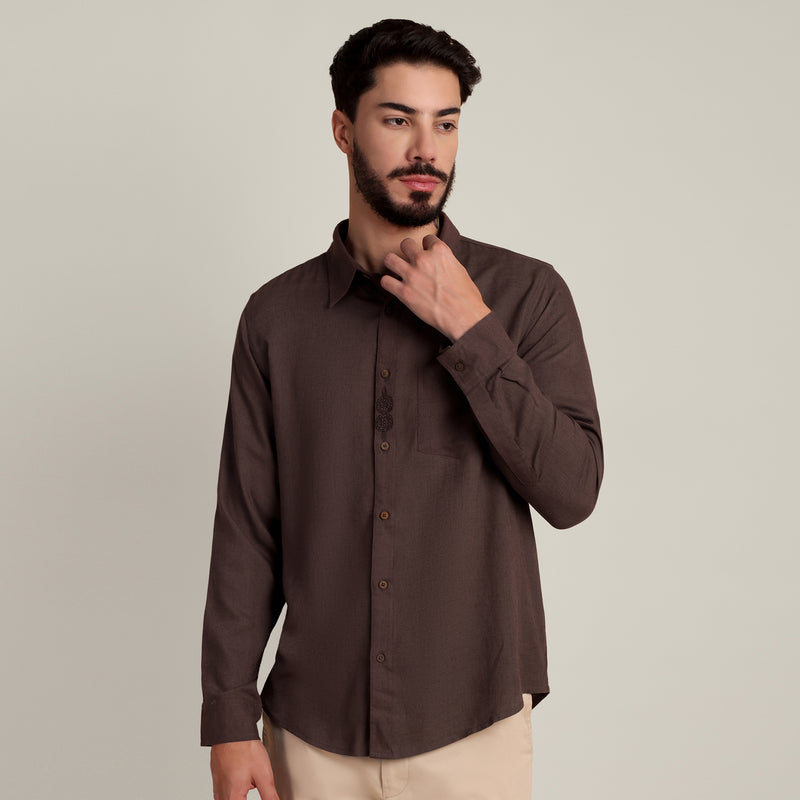 Bloome' Limited Edition Button Down Shirt - Regular Fit - Soft Linen - Coffee Brown With Tonal Embroidery