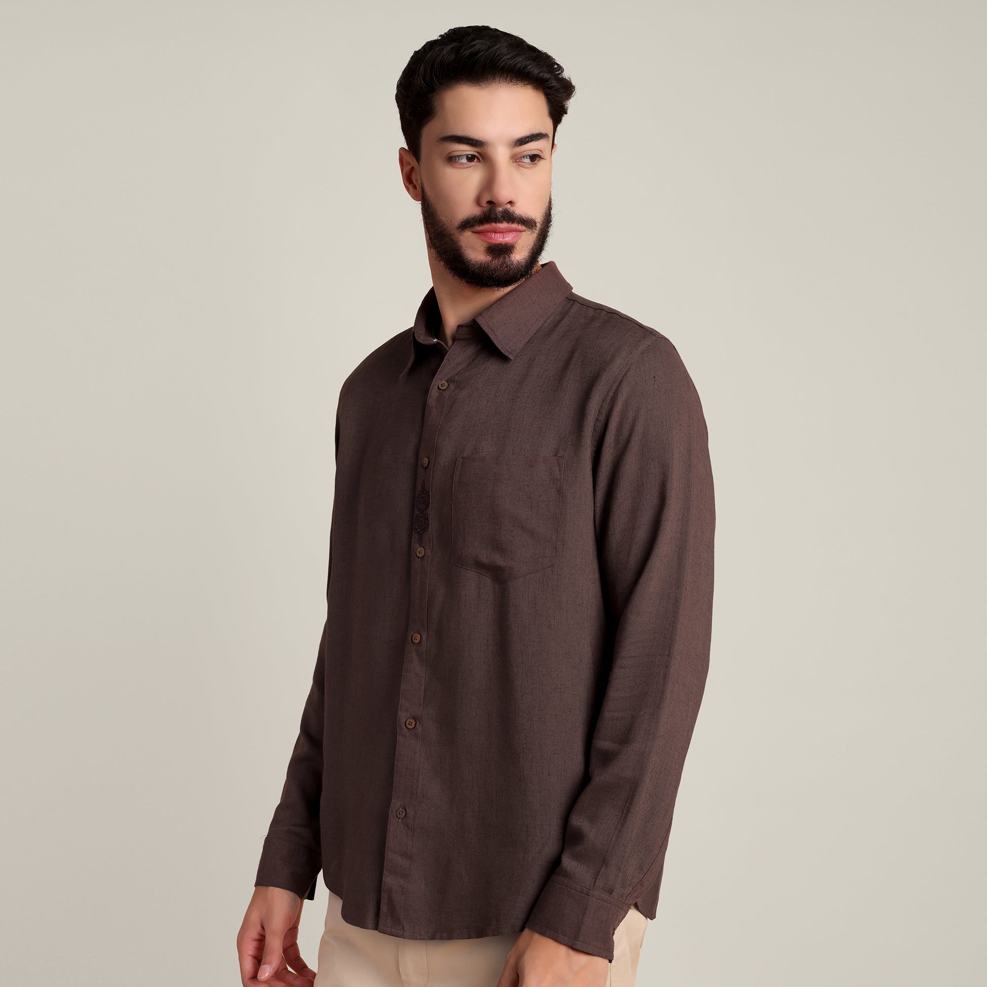 Bloome' Limited Edition Button Down Shirt - Regular Fit - Soft Linen - Coffee Brown With Tonal Embroidery
