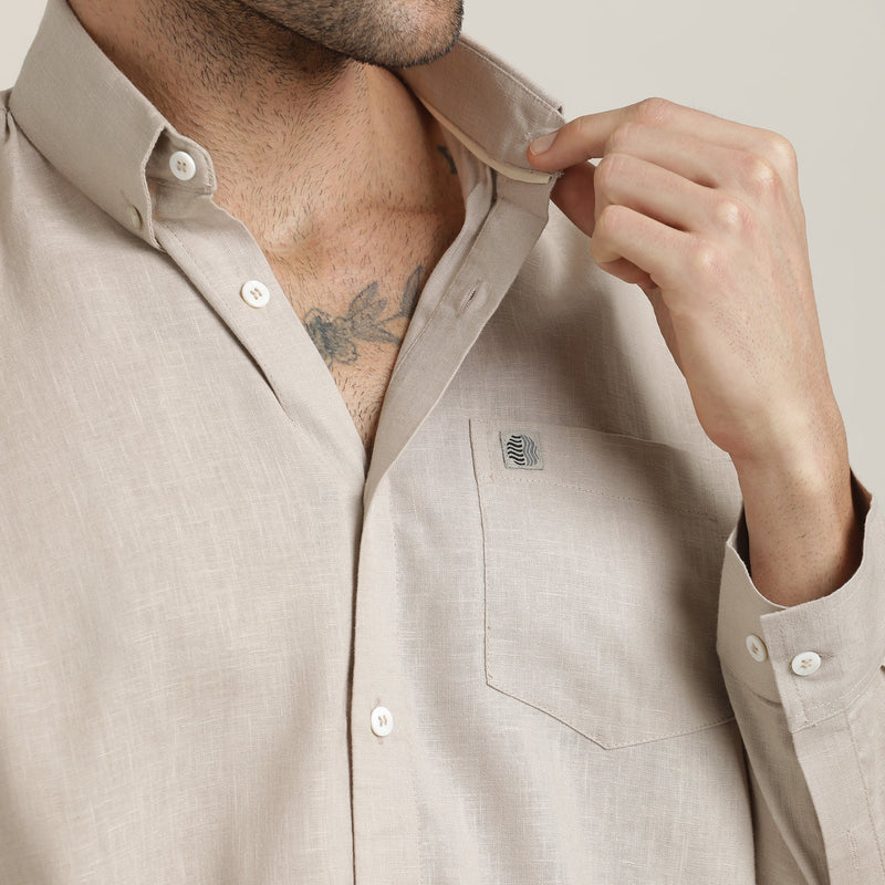 Hugh Set Of 2 - Regular Fit Button-Down Shirt In Cotton Linen & Single Pleated Loose Fit Pants – Natural Grey & Navy Blue