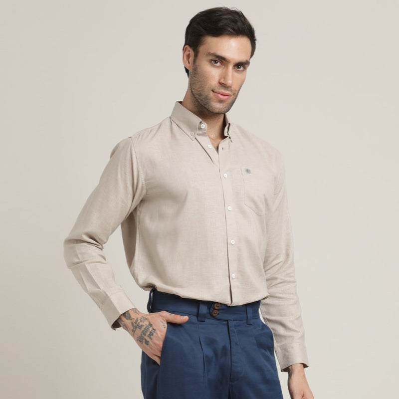 Hugh Button Down Shirt - Regular Fit - Cotton Linen - Natural Grey