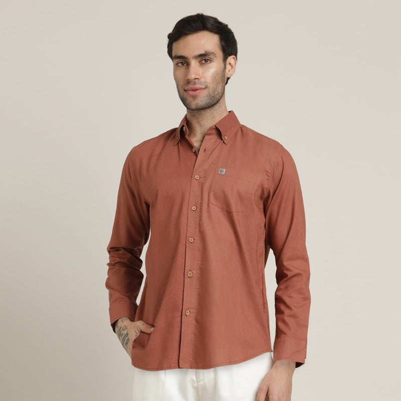 Hugh Set Of 2 - Regular Fit Button-Down Shirt In Cotton Linen & Single Pleated Loose Fit Pants – Terracotta Brown & Ecru