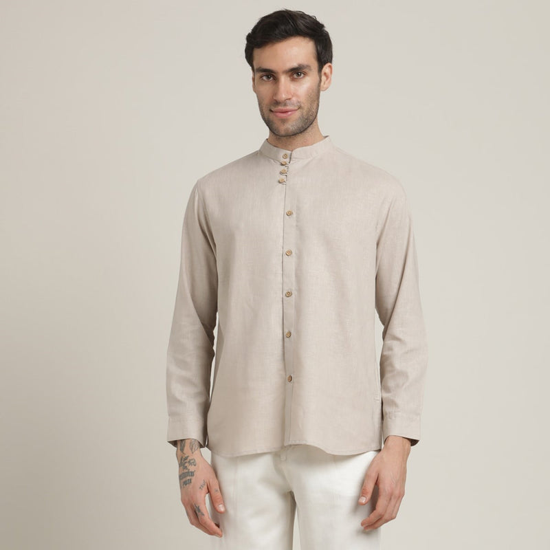 Viceroy Set of 2 - Regular Fit Mandarin Collar Shirt Statement Loop Buttons & Relaxed Fit Pleated Chinos – Natural Grey & Ecru