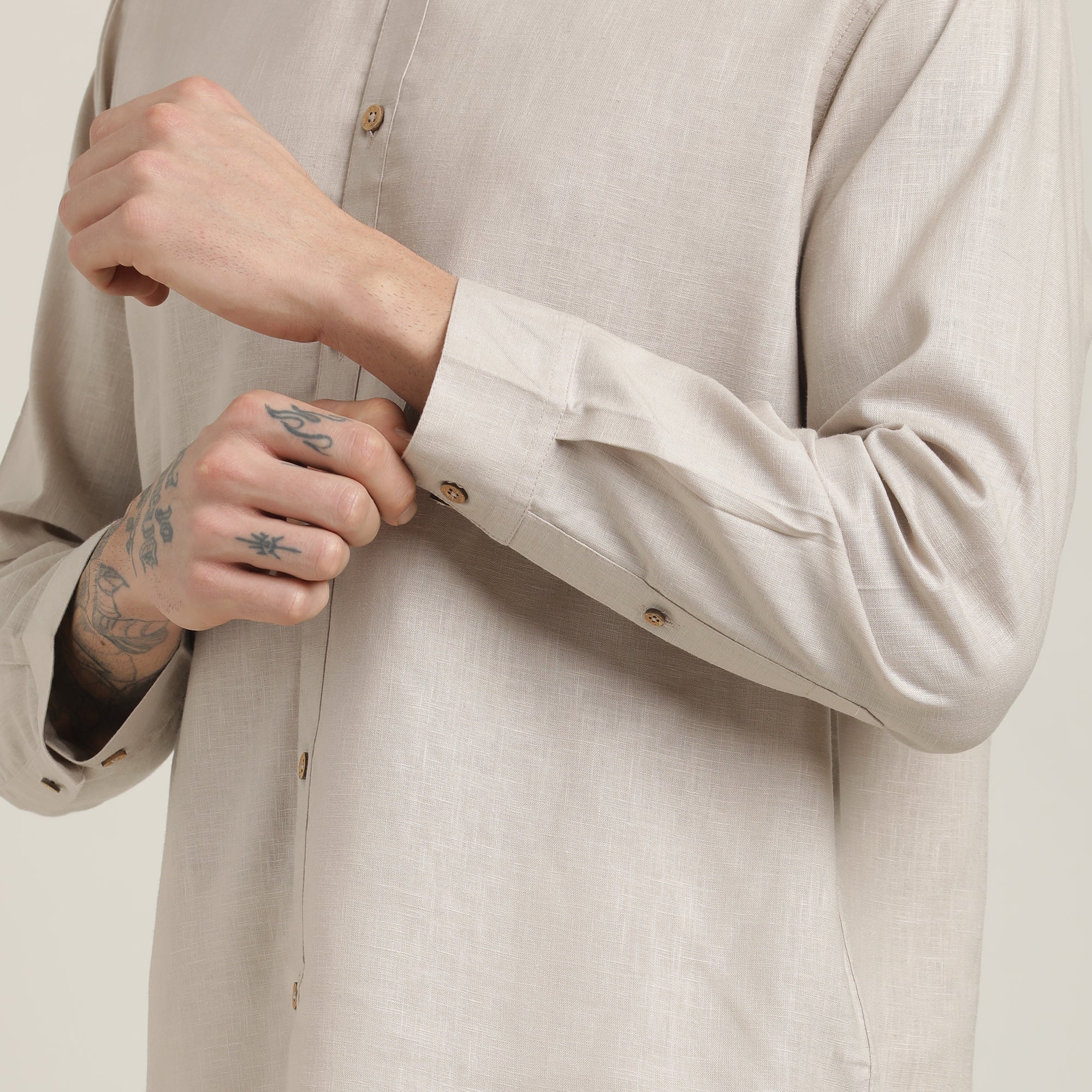 Viceroy Shirt - Regular Fit - Mandarin Collar - 3 Statement Loop Buttons - Linen Cotton - Natural Grey