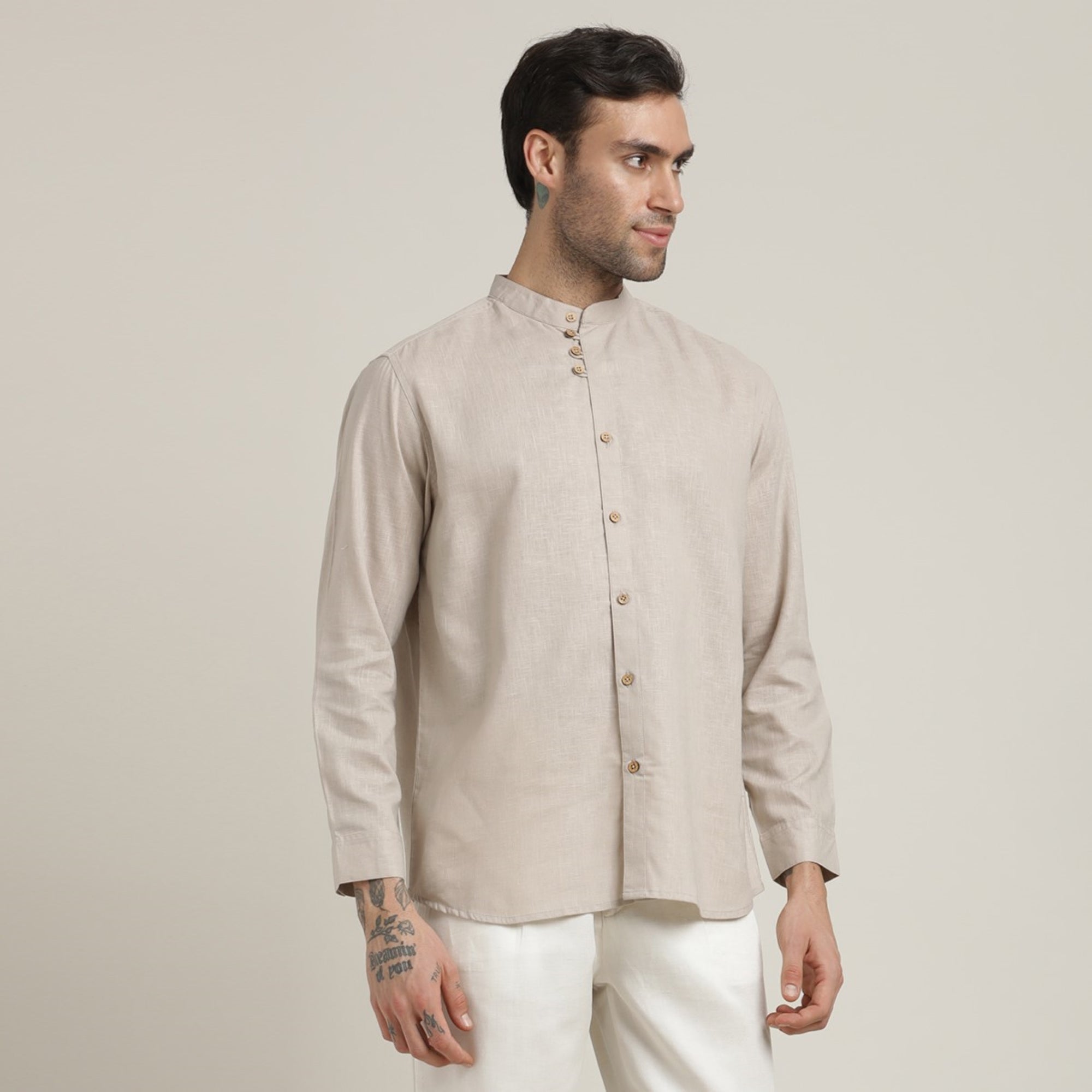 Viceroy Shirt - Regular Fit - Mandarin Collar - 3 Statement Loop Buttons - Linen Cotton - Natural Grey