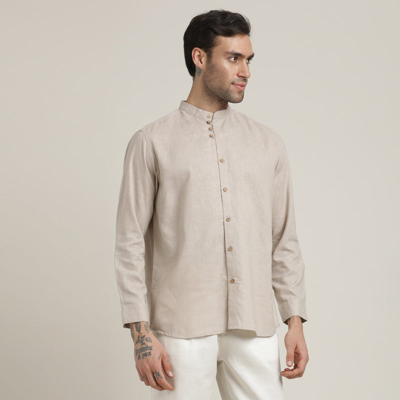 Viceroy Shirt - Regular Fit - Mandarin Collar - 3 Statement Loop Buttons - Linen Cotton - Natural Grey