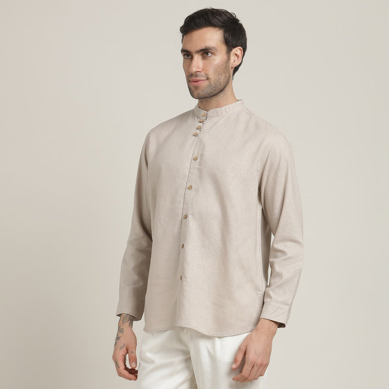 Viceroy Shirt - Regular Fit - Mandarin Collar - 3 Statement Loop Buttons - Linen Cotton - Natural Grey