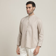 Viceroy Shirt - Regular Fit - Mandarin Collar - 3 Statement Loop Buttons - Linen Cotton - Natural Grey