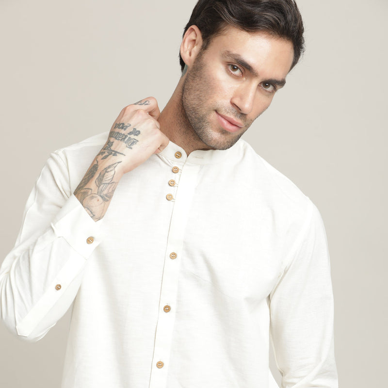 Viceroy Shirt - Regular Fit - Mandarin Collar - 3 Statement Loop Buttons - Linen Cotton – Ecru