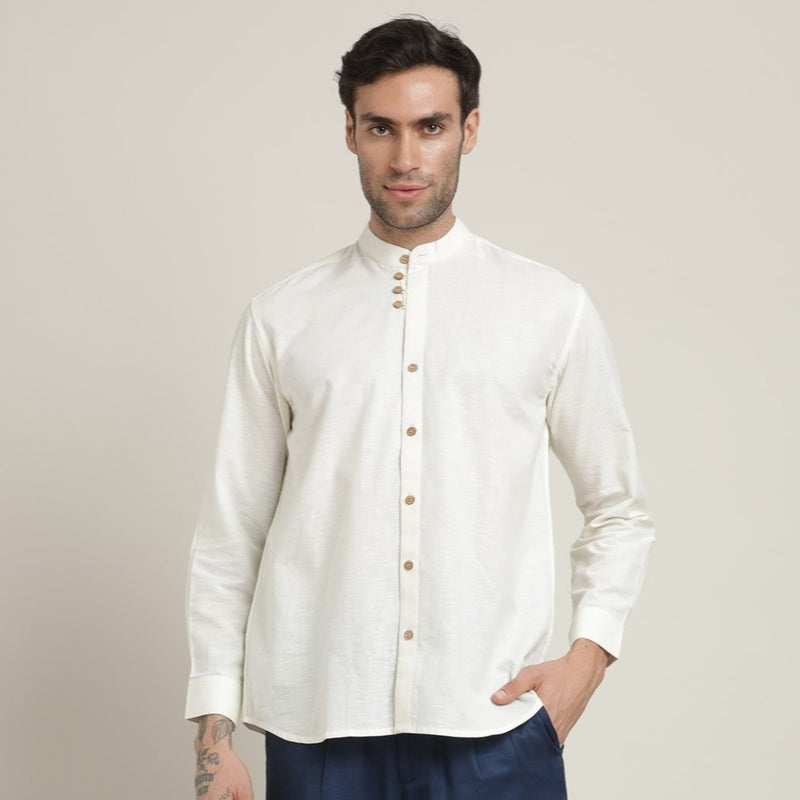 Viceroy Set of 2 - Regular Fit Mandarin Collar Shirt Statement Loop Buttons & Relaxed Fit Pleated Chinos – Ecru & Navy Blue